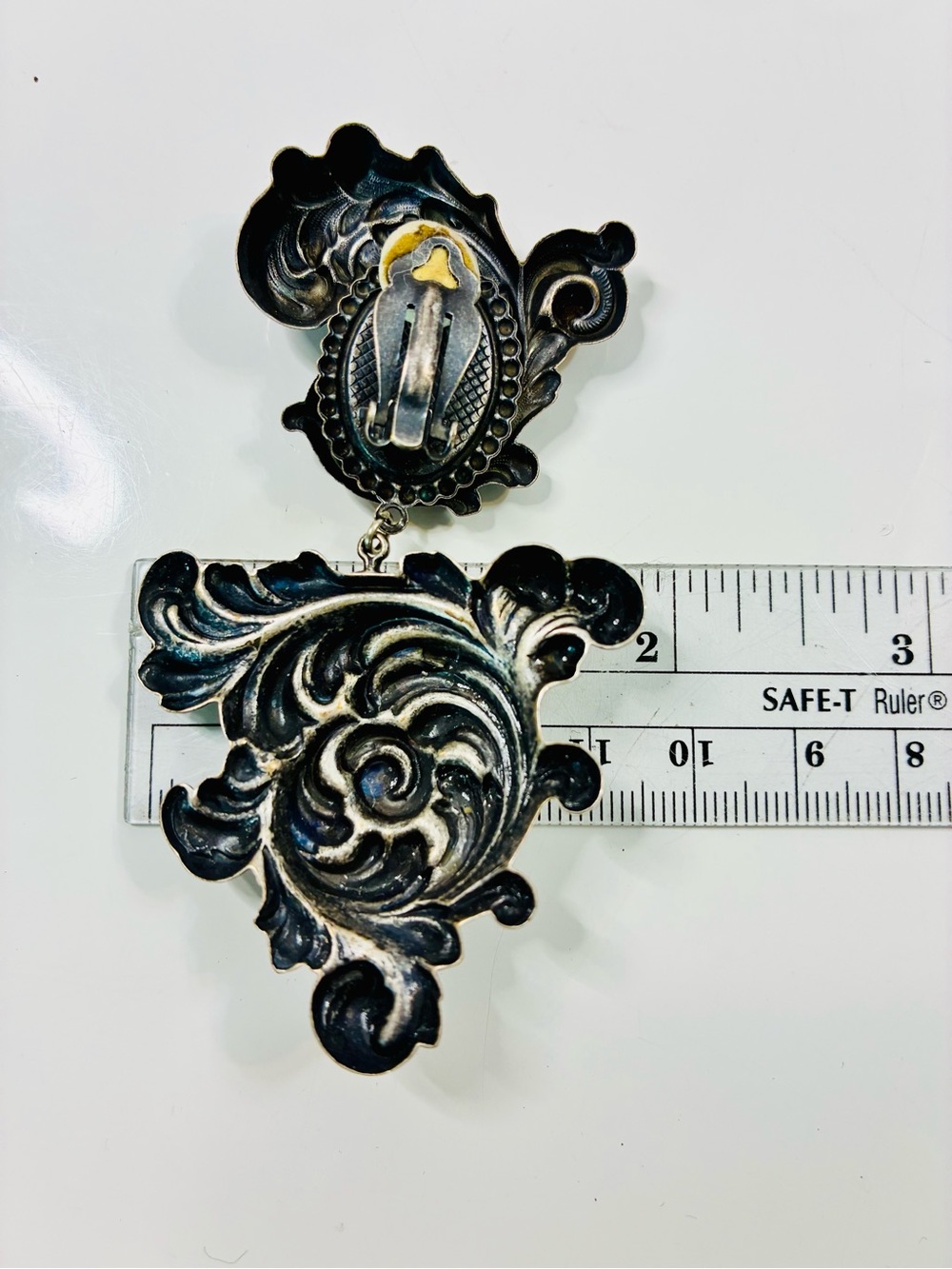 Banana Bob Baroque Scroll Drop Clip Earrings Black Faceted Cabochons 90s Runway - Picture 11 of 12